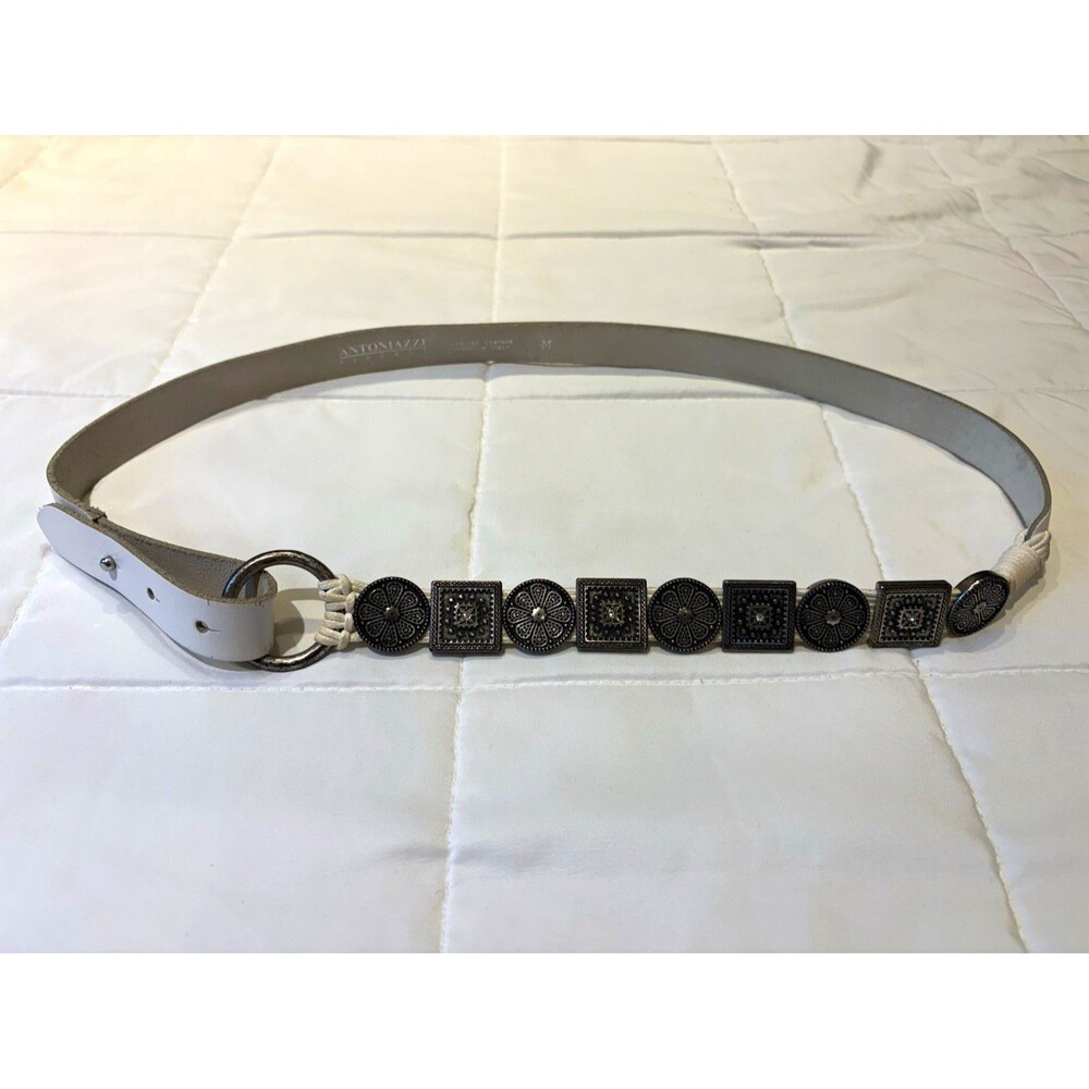 : Antoniazzi Firenze White Leather Belt Silver Medallion Conchos Size M Italy